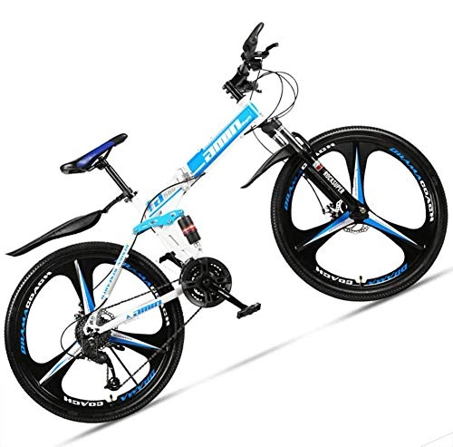 Folding Mountain Bike : giyiohok 24 Inch Mountain Bike for Adult Men Women All Terrain Off-Road Foldable Mountain Bicycle with Dual Suspension & Disc Brake Adjustable Seat&HighCarbon-21Speed_3 Spoke White Blue