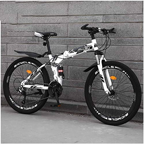 Folding Mountain Bike : giyiohok 26Inch Mountain Trail Bike for Adults Men and Women Dual Suspension Mountain Bicycle with Disc Brakes Foldable High Carbon Steel Frame Adjustable Seat-21 Speed_White Spoke
