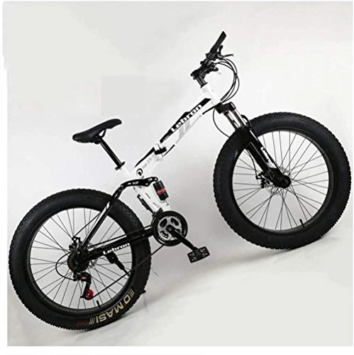 Folding Mountain Bike : giyiohok Dual Suspension Mountain Bike with Fat Tire for Men Women Adults Foldable Mountain Bicycle Mechanical Disc Brakes &High Carbon Steel Frame Adjustable-24 Inch 7 Speed_Black White