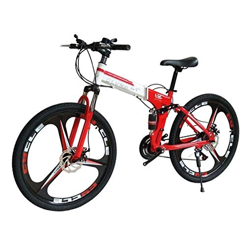 Folding Mountain Bike : GJNWRQCY Double Disc Brake Double Shock Absorption Foldable 26 Inches 21 Speed Overall Wheel Three-Knife Wheel Mountain Bike, Red