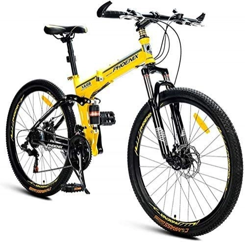 Folding Mountain Bike : GQQ Variable Speed Bicycle, Folding Mountain Bikes, 21Speed Dual Suspension Alpine Bicycle, Dual Disc Brake Highcarbon Steel Frame Antislip Bikes, Kids Men's Womens Bicycle, Yellow