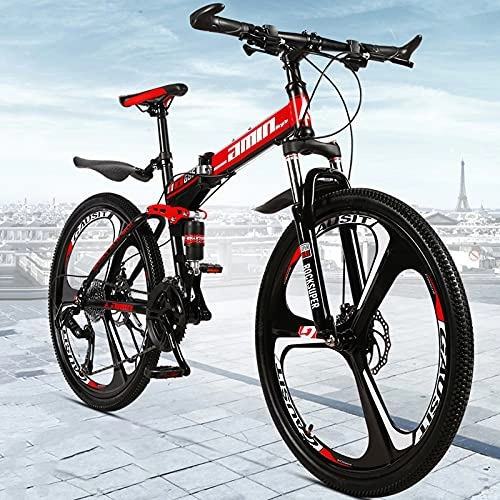 Folding Mountain Bike : GREAT Adult Folding Mountain Bike, 26-Inch 3 Spokes Wheels Mens Womens Bicycle High Carbon Steel Frame Road Bike 21 / 24 / 27 / 30 Speed, Disc Brakes(Size:21 speed, Color:Red)