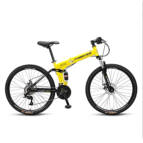 Folding Mountain Bike : GREAT Folding Mountain Bike, 26 Inch Bicycle 27 Speed Full Suspension High-carbon Steel Frame Road Bikes Student Commuter Bike(Color:Yellow)