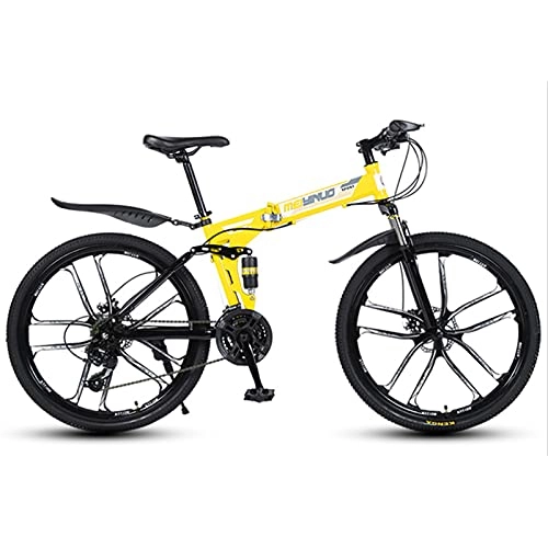 Folding Mountain Bike : GREAT Folding Mountain Bike, 26 Inch Carbon Steel Frame 21 / 24 / 27 Speed With Dual Disc Brake Full Suspension Student Bicycle With Front And Rear Mudguard(Size:24 speed, Color:Yellow)