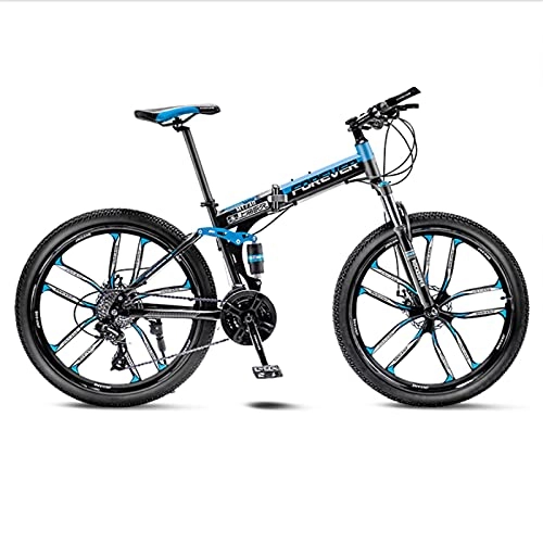 Folding Mountain Bike : GREAT Mountain Bike 26 Inch Folding Bicycle, Road Bikes Carbon Steel Frame 10-Spokes Wheels 24 / 27 / 30 Speeds Full Suspension Bike Front And Rear Mechanical Double Disc Brakes(Size:24 speed, Color:Blue)
