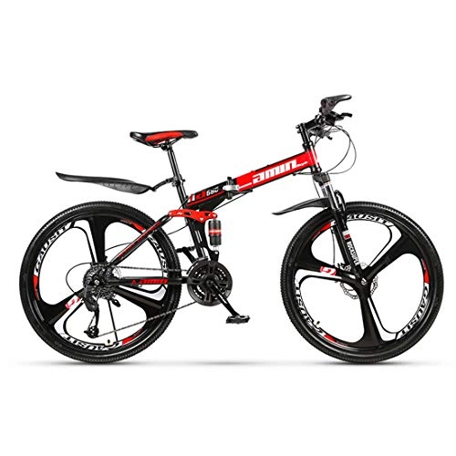 Folding Mountain Bike : GRXXX Folding Mountain Bike Bicycle One Wheel Off-road 21-speed Double Shock Absorption, Red-21 speed