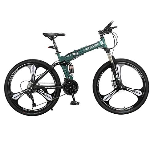 Folding Mountain Bike : GUOE-YKGM 26 Inch Adult Mountain Bikes - High Carbon Steel Full Suspension Frame Folding Bicycles - 24 Speed Gears Dual Disc Brakes Mountain Trail Bike (Color : Green)