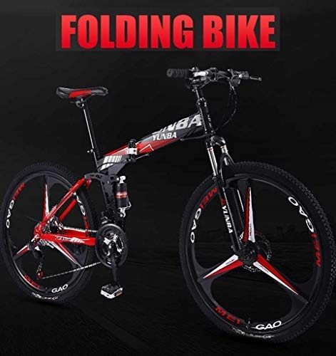 Folding Mountain Bike : GUOE-YKGM 26 Inch Adult Mountain Bikes, High Carbon Steel Full Suspension Frame Folding Bike, 24 / 27 Speed Mountain Bicycle For Women / men (Color : Red, Size : 24 speed)