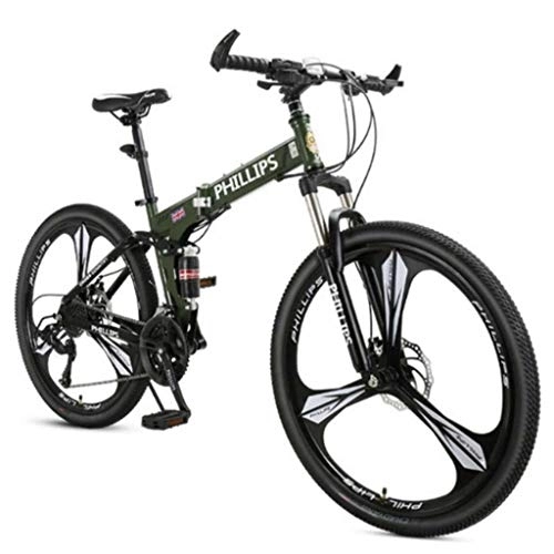 Folding Mountain Bike : GUOE-YKGM 26in Folding Mountain Bike, Full Suspension Road Bikes With Disc Brakes, 24 Speed Bicycle Black Blue Red MTB Bikes For Men / Women (Color : Black)