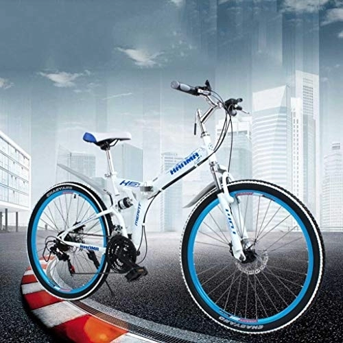 Folding Mountain Bike : GUOE-YKGM Adult Folding Mountain Bikes 24 / 26 Inch Mountain Trail Bicycle High Carbon Steel Full Suspension Frame Folding Bicycles 21 Speed ​​Gears Disc Brakes (Color : Blue, Size : 24inch)
