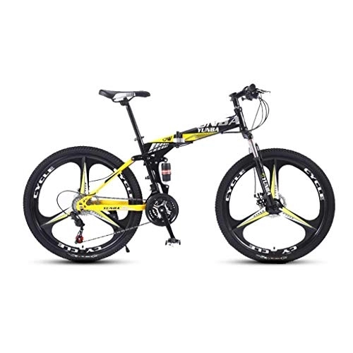 Folding Mountain Bike : GUOE-YKGM Adult Mountain Bikes - 26 Inch High Carbon Steel Full Suspension Frame Folding Bike - 24 / 27 Speed ​​Gears Dual Disc Brakes Mountain Bicycle (Color : Yellow, Size : 24 speed)