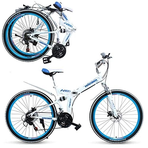 Folding Mountain Bike : GUOE-YKGM Mountain Bike For Adults, Unisex Folding Outdoor Bicycle, Full Suspension MTB Bikes, Outdoor Racing Cycling, 21 Speed, 24 / 26inch Wheels (Color : Blue, Size : 24inch)