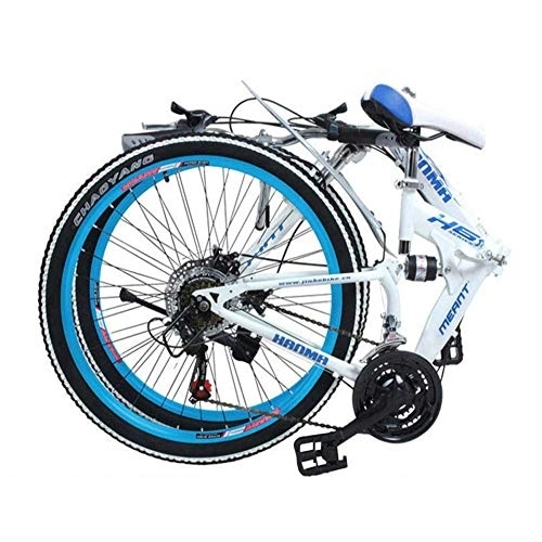 Folding Mountain Bike : GUOE-YKGM Youth And Adult Folding Mountain Bikes Men And Women Foldable Bicycle, High Carbon Steel Frame, 21-Speed, 24 / 26-inch Wheels (Color : Blue, Size : 24inch)