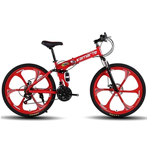 Folding Mountain Bike : GXQZCL-1 26" Mountain Bikes / Bicycles, Foldable Hardtail Bike, Carbon Steel Frame, with Dual Disc Brake and Double Suspension, 21 Speed, 24 Speed, 27 Speed MTB Bike (Color : Red, Size : 21 Speed)