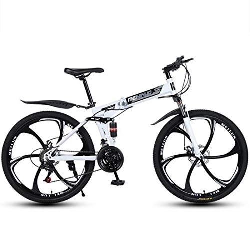Folding Mountain Bike : GXQZCL-1 Foldable Mountain Bike, Carbon Steel Frame Bike, with Dual Disc Brake Double Suspension MTB Bike (Color : White, Size : 21 Speed)
