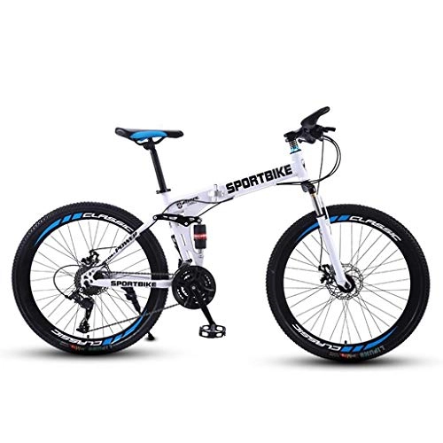 Folding Mountain Bike : GXQZCL-1 Mountain Bike, Fold Hardtail Bicycles, Carbon Steel Frame, Dual Disc Brake and Double Suspension MTB Bike (Color : White, Size : 24 Speed)