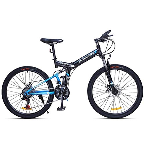 Folding Mountain Bike : GXQZCL-1 Mountain Bike, Steel Frame Folding Mountain Bicycles, Dual Suspension and Dual Disc Brake, 24inch / 26inch Wheels MTB Bike (Color : Black+Blue, Size : 24inch)