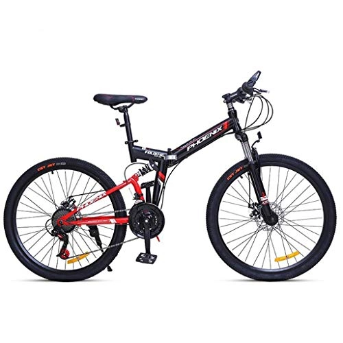 Folding Mountain Bike : GXQZCL-1 Mountain Bike, Steel Frame Folding Mountain Bicycles, Dual Suspension and Dual Disc Brake, 24inch / 26inch Wheels MTB Bike (Color : Black+Red, Size : 24inch)