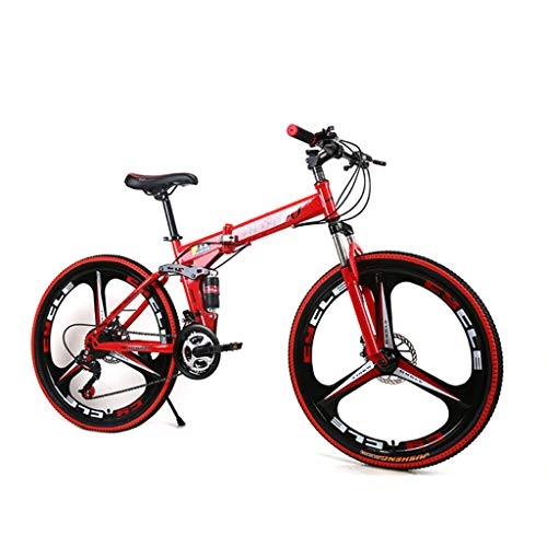 Folding Mountain Bike : HAOHAOWU Carbon Steel Foldable Bike, 27 Speed Road Bike Dual Disc Brake System MTB Dual Suspension 24 Inches for Men Woman, Red