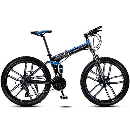 Folding Mountain Bike : HAOYF 26 Inch Wheels Foldable Mountain Bike, 21 / 24 / 27 Speed Full Suspension MTB, Dual Disc Brakes Mens Bicycle High Carbon Steel Off Road Bicycles MTB, Blue, 30 speed