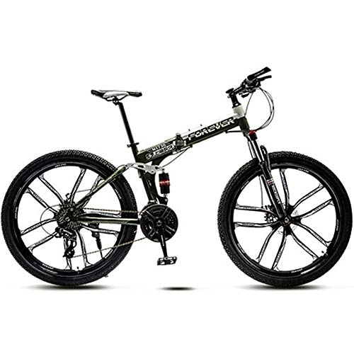 Folding Mountain Bike : HAOYF 26 Inch Wheels Foldable Mountain Bike, 21 / 24 / 27 Speed Full Suspension MTB, Dual Disc Brakes Mens Bicycle High Carbon Steel Off Road Bicycles MTB, Green, 21 speed