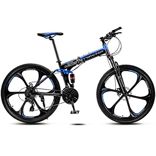 Folding Mountain Bike : HAOYF Adult Folding Mountain Bike, 26 Inch Wheels, High Carbon Steel Off Road Bicycles, 21 / 24 / 27 Speed Bicycle Full Suspension MTB, Dual Disc Brakes Mountain Bicycle, Blue, 24 speed
