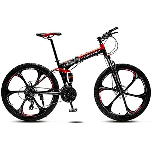Folding Mountain Bike : HAOYF Adult Folding Mountain Bike, 26 Inch Wheels, High Carbon Steel Off Road Bicycles, 21 / 24 / 27 Speed Bicycle Full Suspension MTB, Dual Disc Brakes Mountain Bicycle, Red, 24 speed