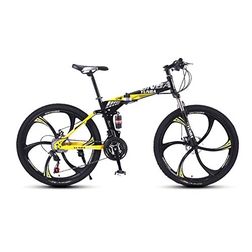 Folding Mountain Bike : HARUONE 24 Inch Foldable Mountain Bike, High-Carbon Steel Double Shock Absorption, 21 / 24 / 27 Speeds Overdrive Six Cutter Wheel, Yellow, 24speed