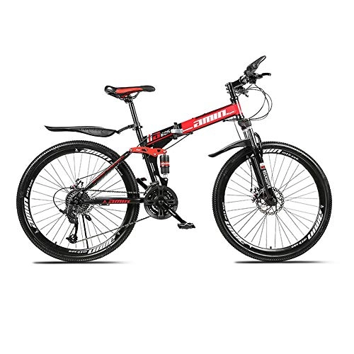 Folding Mountain Bike : HARUONE 24Inch Mountain Bicycle with Double Shock Absorption Adjustable Seat, High-Carbon Steel Dual Disc Brake Mountain Bike for Adult, Red, 24speed