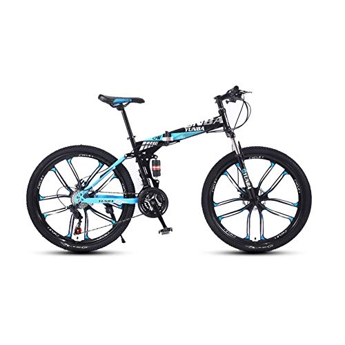 Folding Mountain Bike : HARUONE Foldable Adults Mountain Bike, 24Inch High-Carbon Steel Suspension Mechanical Disc Brakes, 21 / 24 / 27 Speeds Overdrive Ten Cutter Wheel, Blue, 27speed