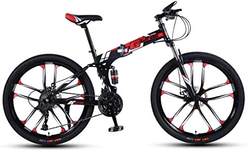 Folding Mountain Bike : HCMNME Mountain Bikes, 26 inch folding mountain bike double shock absorber racing off-road variable speed bike ten cutter wheels Alloy frame with Disc Brakes (Color : Black red, Size : 24 speed)