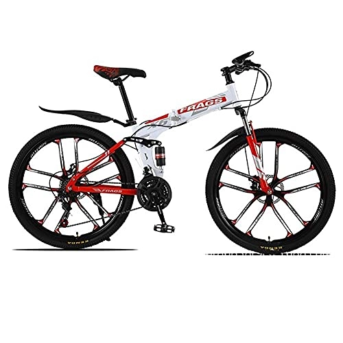 Folding Mountain Bike : HJRBM 26 Inch Outroad Bicycle， Mountain Bikes， 24 Speed Foldable Bike， High Carbon Steel Outroad Bicycles， Shock Absorption Design， MTB Bikes， for Outdoors Sport Cycling，white red fengong