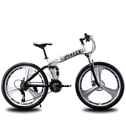 Folding Mountain Bike : HKPLDE Folding Mountain Bike For Adults, 21 Speed Country Mountain Bike 24 Inch With Double Disc Brake Carbon Steel Frame MTB Bicycle With 3 Cutter Wheel-white
