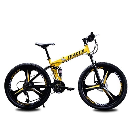 Folding Mountain Bike : HKPLDE Folding Mountain Bike For Adults, 21 Speed Country Mountain Bike 26 Inch With Double Disc Brake Carbon Steel Frame MTB Bicycle With 3 Cutter Wheel-yellow