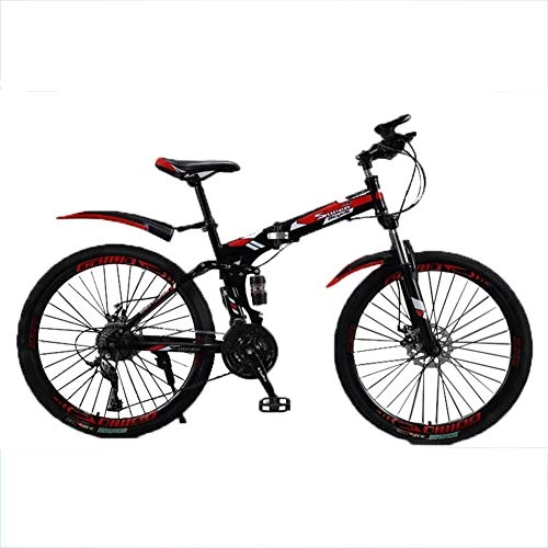 Folding Mountain Bike : HLMIN 26-Inch Foding Bicycle Variable Speed 21 24 27 30 Speed Double Suspension Aluminum Frame Adult Mountain Bike MTB (Color : Red, Size : 21speed)