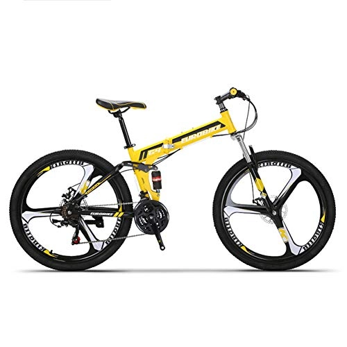 Folding Mountain Bike : HLMIN Folding Bike 26 Inches Folding Mountain Bike 21 Speed Full Suspension Bicycle Dual Disc Brake MTB (Color : Yellow, Size : 21Speed)