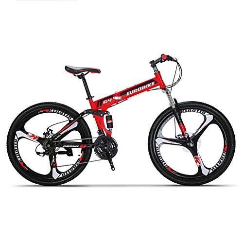 Folding Mountain Bike : HLMIN Folding Mountain Bike 21 Speed Bicycle Full Suspension MTB Foldable Frame 26" 3 Spoke Wheels (Color : Red, Size : 21Speed)