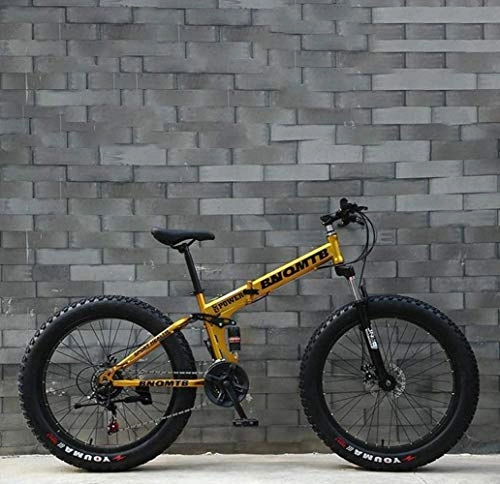 Folding Mountain Bike : HongLianRiven BMX Adult Fat Tire Mountain Bike, Double Disc Brake / Cruiser Bikes, Beach Snowmobile Bicycle, 26 Inch Aluminum Alloy Wheels 5-29 (Color : Gold, Size : 21 speed)