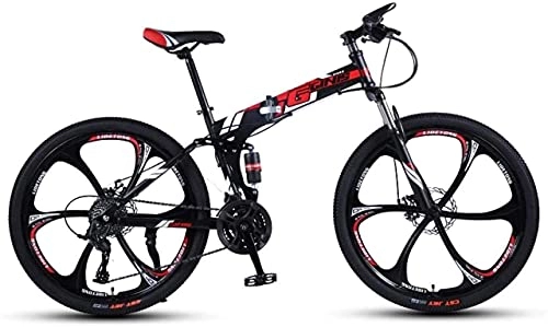 Folding Mountain Bike : HUAQINEI Mountain Bikes, 24-inch folding mountain bike with double shock absorber racing off-road variable speed bike with six wheels Alloy frame with Disc Brakes (Color : Black red, Size : 21 speed)
