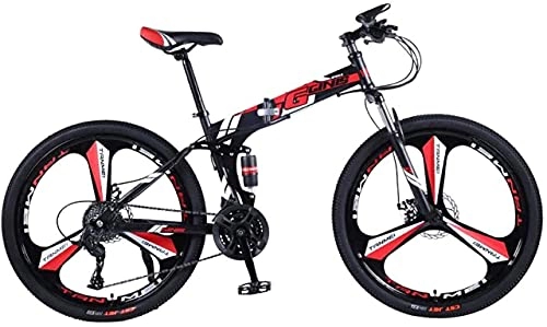 Folding Mountain Bike : HUAQINEI Mountain Bikes, 26 inch folding mountain bike double shock absorber racing off-road variable speed bicycle three-wheel Alloy frame with Disc Brakes (Color : Black red, Size : 30 speed)