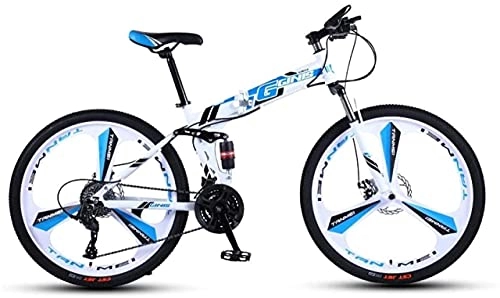 Folding Mountain Bike : HUAQINEI Mountain Bikes, 26 inch folding mountain bike double shock absorber racing off-road variable speed bicycle three-wheel Alloy frame with Disc Brakes (Color : White blue, Size : 21 speed)