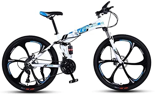 Folding Mountain Bike : HUAQINEI Mountain Bikes, 26 inch folding mountain bike with double shock absorber racing off-road variable speed bicycle six wheels Alloy frame with Disc Brakes (Color : White blue, Size : 27 speed)