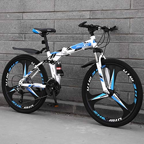 Folding Mountain Bike : HUO FEI NIAO Mountain Bike, Stone Mountain, 26 inch, 21 / 24 / 27Speed, The top is equipped with three cutter wheels, Dual Suspension, Unisex folding bike (Color : Blue flower, Size : 27 speed)