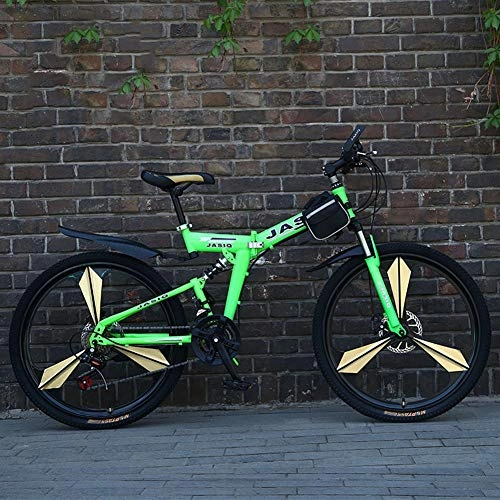 Folding Mountain Bike : Hxl 26 Inch Carbon Steel Mountain Bike 21-speed Folding Bike Full Suspension Dual Disc Brake Outdoor Bicycle Magnesium Alloy Anti-skid Tire, Green