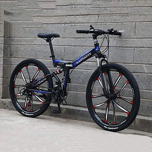 Folding Mountain Bike : Hxl 26-inch High-carbon Steel Mountain Bike Folding Soft Tail Off-road Bike Full Suspension Disc Brakes 21-speed Gear with 10 Cutter Wheels and Adjustable Seats, Blue, 24 speed