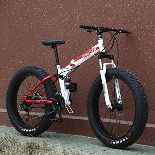 Folding Mountain Bike : Hxl Fat Tire Men's Bicycle Folding Mountain Bike 26 Inch Enlarged Tire Double Disc Brake Soft Tail Off-road Bicycle Suitable for Beach Snow Men and Women and Children, Red, 24 speed