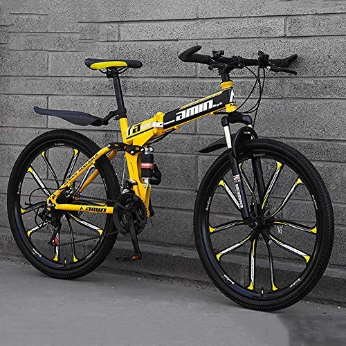 Folding Mountain Bike : Hxl Folding Mountain Bike 24 Inch Full Suspension Off-road Bike Carbon Steel Frame Double Disc Brake 10 Spoke Wheels 21 Speed Suitable for Men and Women Adult Children, Yellow, 27 speed