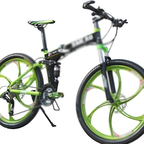 Folding Mountain Bike : IEASEzxc Bicycle 26 Inch Folding Bicycle 3x9 Speed Mountain Bike With Full Suspension (Color : Black green, Size : 27_26*17(165-175CM))