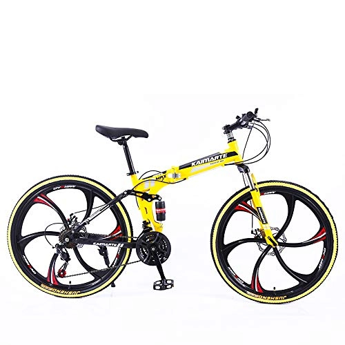 Folding Mountain Bike : JACK'S CAT Adult / Student Mountain Bike, 26 inch Wheels Mountain Trail Bike, High Carbon Steel Folding Outroad Bicycles, 21-Speed Full Suspension MTB Dual Disc Brakes Mountain Bicycle, Yellow, 24in