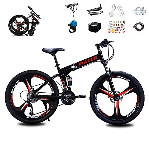 Folding Mountain Bike : JACK'S CAT Mountain Bike, 26in Folding Mountain Bike with Front and Rear Shock Absorption and Double Disc Brakes, High Carbon Steel Frame, Black, 21 speed